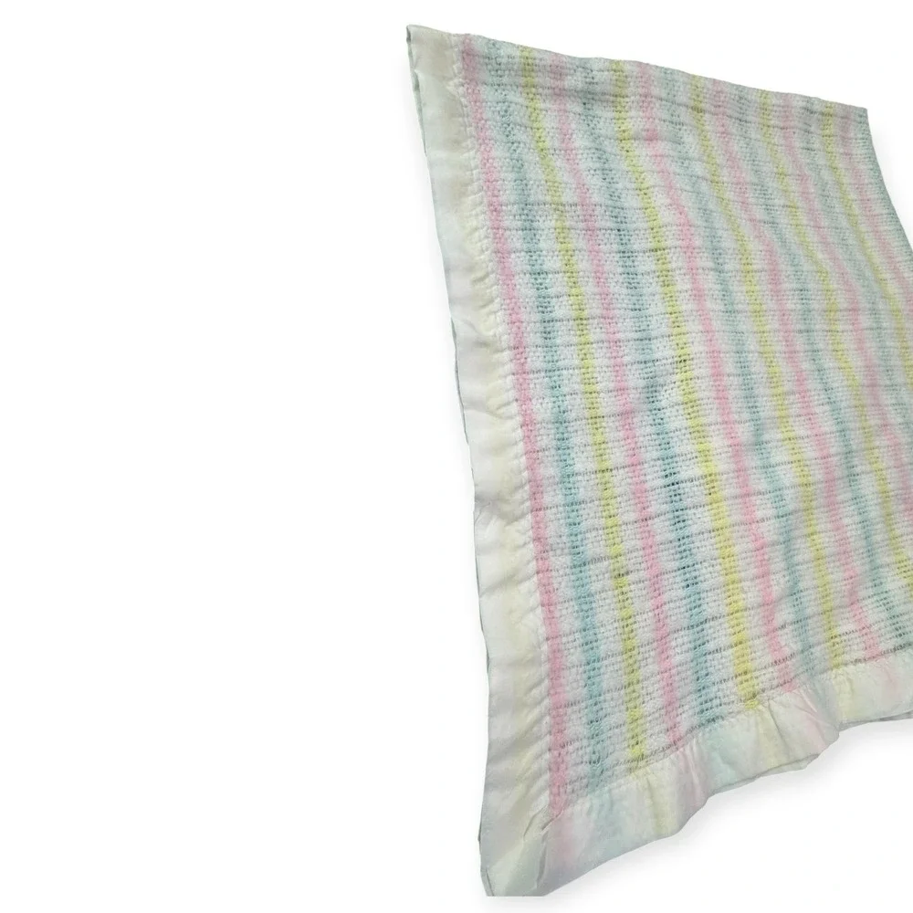 VTG Beacon Baby Blanket Pastel Stripe Waffle thermal satin trim 48x36 WPL 1675